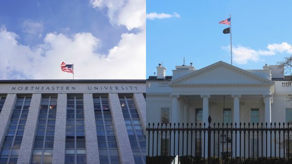 A collage of Northeastern's Ell Hall (left) and the White House. Vijay advises international students to consult legal counsel. Photos by Nia Calais and Zoe MacDiarmid. Collage by Margot Murphy.