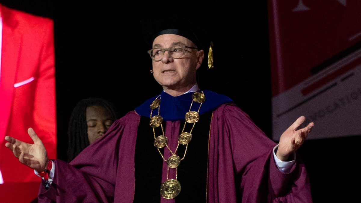 Joseph E. Aoun addresses a crowd of incoming Boston campus students during the President's convocation Sept. 9, 2024. Aoun's signature was among the more than 320 U.S. university leaders who denounced Trump's actions against universities in a joint statement. 