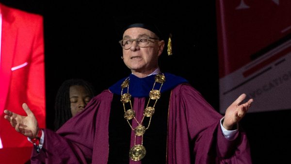 Joseph E. Aoun addresses a crowd of incoming Boston campus students during the President's convocation Sept. 9, 2024. Aoun's signature was among the more than 320 U.S. university leaders who denounced Trump's actions against universities in a joint statement. 