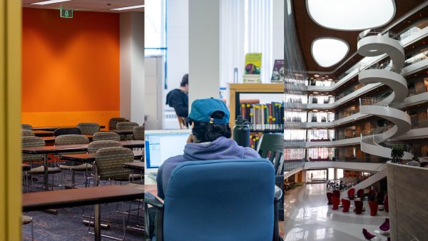 A Snell Library Basement classroom (left), the Law Library and ISEC (right). To avoid Snell Library's crowded floors, students flocked to locations across campus to prepare for finals. Photos by Margot Murphy and David Martínez-Dimnet.