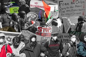 A collage consisting of pro-Palestine protesters, BPD, NUPD and pro-Israel protesters from the Northeastern University Palestine encampment April 25 to April 27. Photos by Margot Murphy, Darin Zullo, Jessica Xing, Rachel Umansky-Castro, Sofia Sawchuk and Marta Hill. Graphic by Margot Murphy.