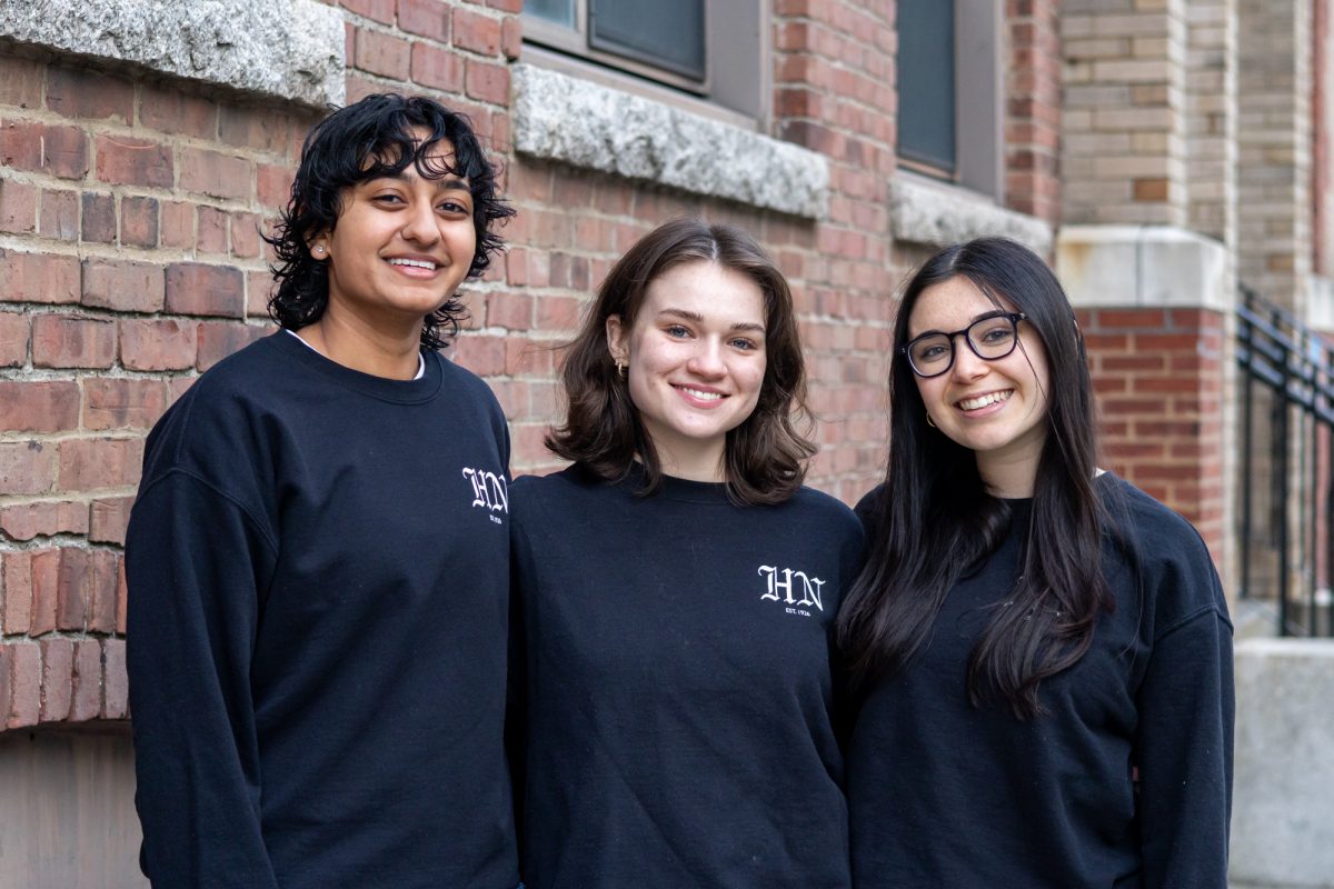 Annika Sunkara (left), Emily Spatz (middle) and Alexis Algazy pose for a headshot outside of Holmes Hall. The three rising fourth-years officially transitioned into their positions atop The News' masthead April 11.