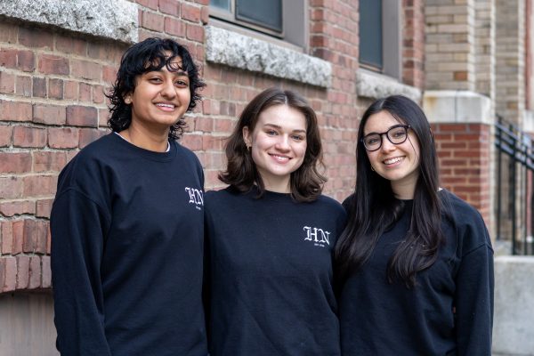 Annika Sunkara (left), Emily Spatz (middle) and Alexis Algazy pose for a headshot outside of Holmes Hall. The three rising fourth-years officially transitioned into their positions atop The News' masthead April 11.