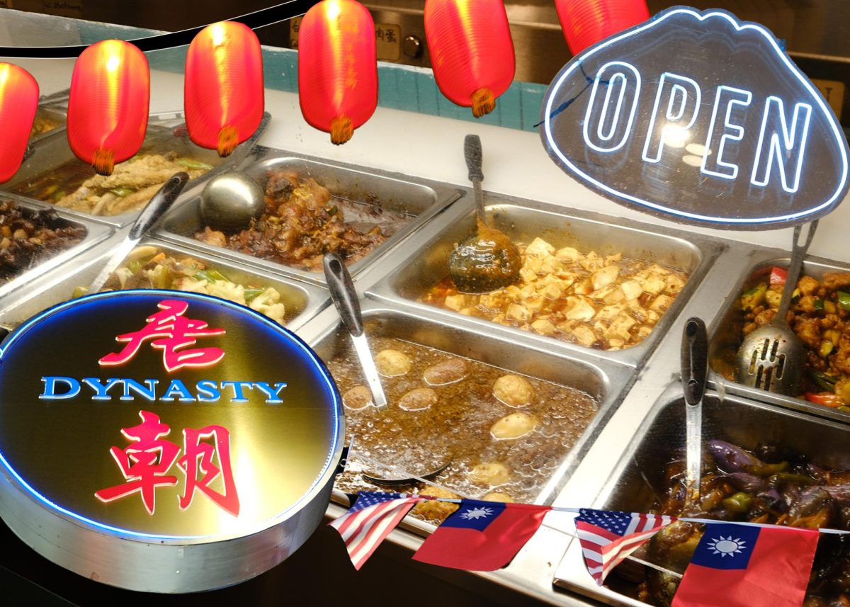A graphic featuring Dynasty signage, Chinatown lanterns, an “Open” sign, a string of Taiwanese and American flags and a service counter with available food options. Graphic by Margot Murphy. Photos by Will Holloway. 