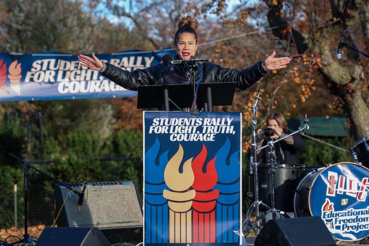 The at-large City Councilor Julia Mejia addresses the crowd at the Educational Freedom Project rally Nov. 15. Read more here.