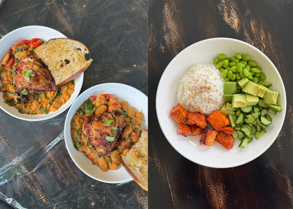 A diptych of  tomato butter beans and lemon garlic chicken thighs bowls (left) and a bowl of gochujang salmon. The tomato butter bean and lemon garlic chicken thigh recipe included healthy power foods such as spinach and basil. Graphic by Margot Murphy. Photos by Emily Chung. 