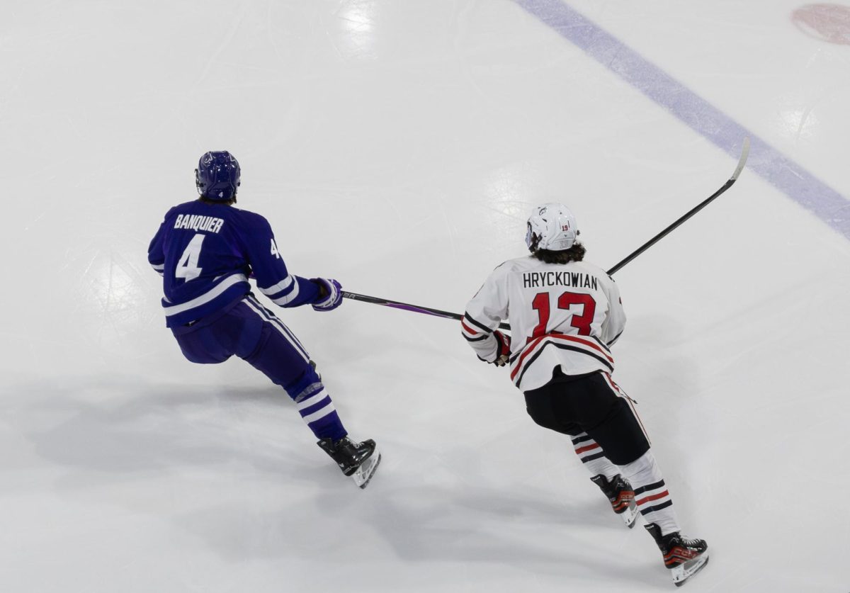 Dylan Hryckowian races against a Stonehill player Nov. 7, 2025. Hryckowian scored the second goal in the 4-0 win over UNH Jan. 16.