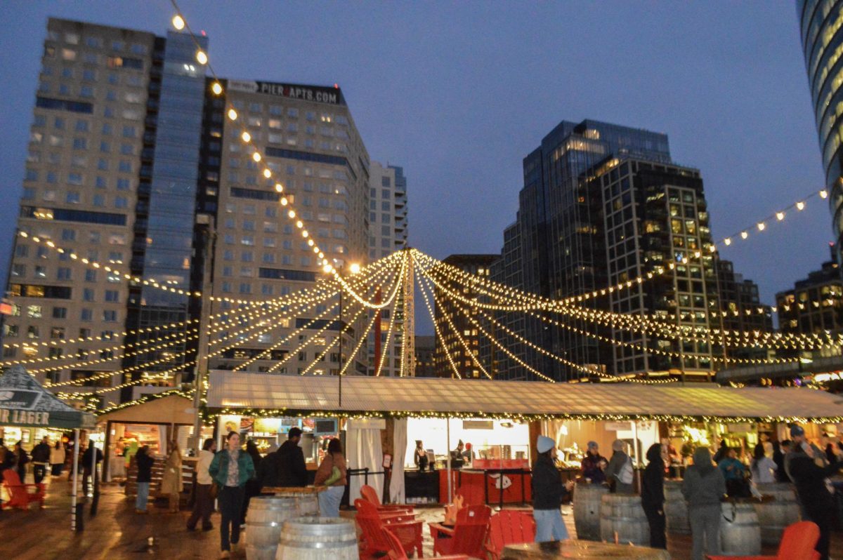 Warm and cozy lights blanket the seasonal market Nov. 13. Visitors bundled up for the trip to the square.
