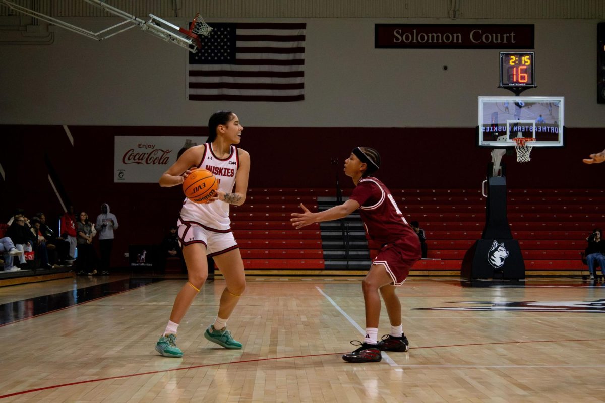 Freshman guard Kailee Beaudion-Foliaki handles the ball Nov. 3, 2025. The Huskies secured their first conference win Jan. 11 against Monmouth.