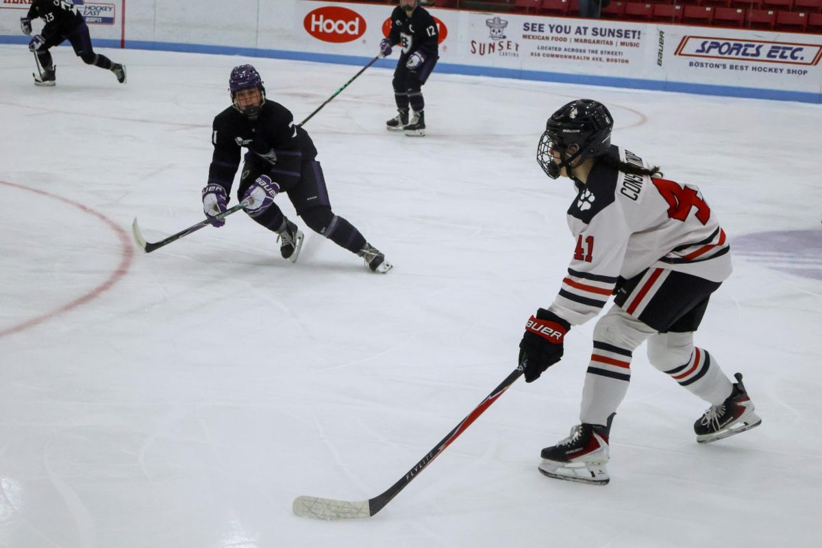 Jules Constantinople stands ready for the faceoff. Constantinople scored the equalizer against Holy Cross to send the game into overtime Jan. 29.