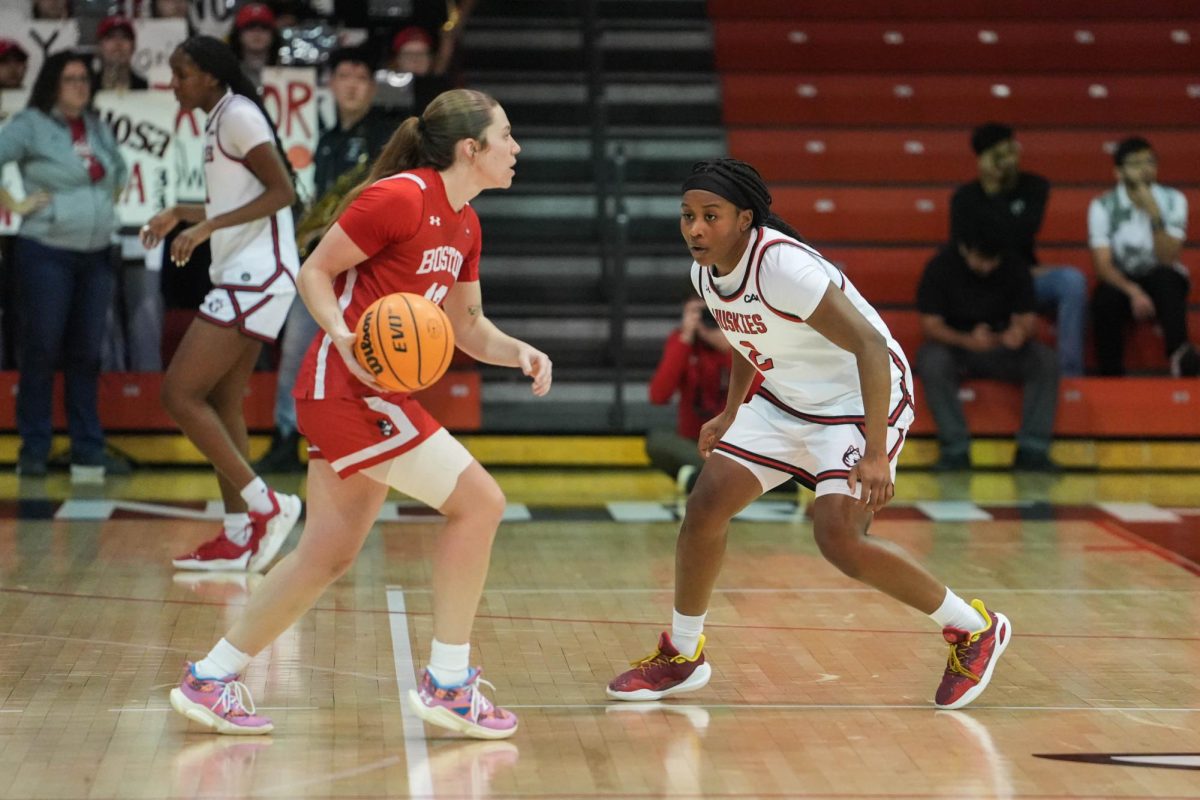 Camryn Collins defends her BU opponent Nov. 11, 2025. Collins led the Huskies in scoring with 14 points against Monmouth Jan. 28.