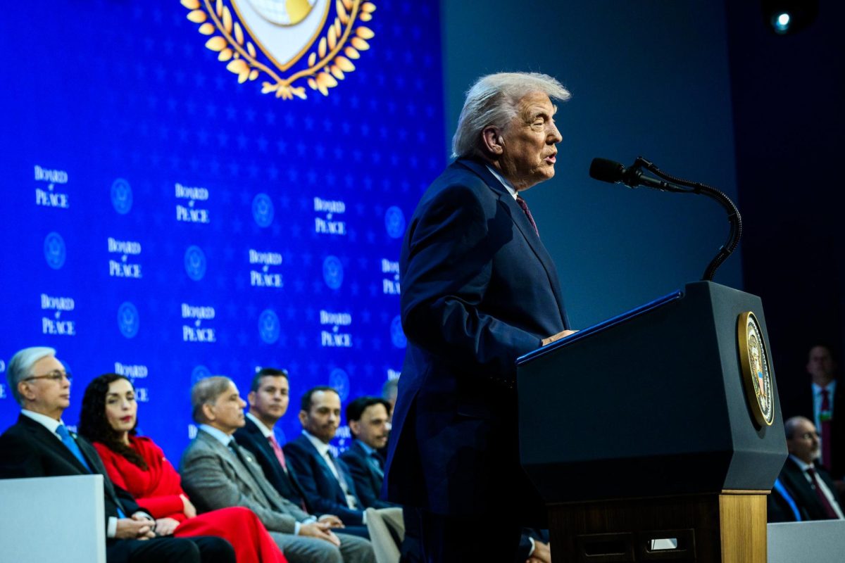 Trump speaks at the Board of Peace Charter Announcement and signing ceremony during the World Economic Forum Jan. 22. Trump's most recent demands, including the acquisition of Greenland and winning the Nobel Peace Prize, showed potential signs of cognitive decline. Photo courtesy The White House, Flickr.
