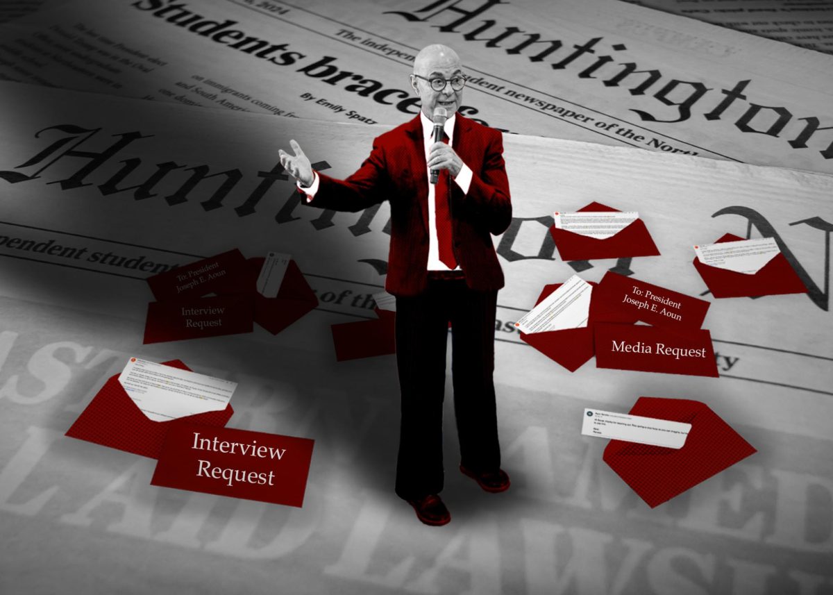 A graphic featuring Joseph E. Aoun, interview request letters and Huntington News newspapers. Aoun has not participated in a sit down interview with The News since 2022. Photos by Margot Murphy. Graphic by Margot Murphy.