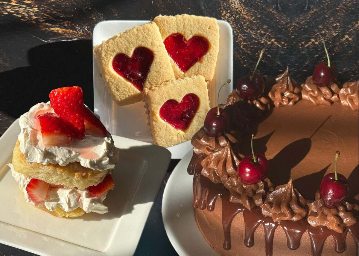 A graphic featuring a strawberry shortcake (left), love letter jam cookies and chocolate cherry cake (right). Gifting sweets and chocolates for Valentine’s Day became popular in the 1860s. Photos by Emily Chung. Graphic by Margot Murphy. 