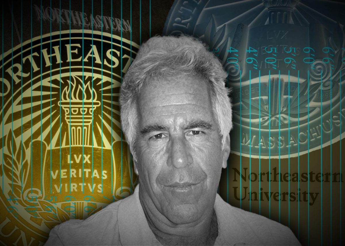 A graphic featuring a 2016 headshot of Jeffrey Epstein and Northeastern signage. Northeastern was mentioned in 25 distinct documents in the most recent Department of Justice file release. Photo courtesy Department of Justice, Wikimedia Commons. Photos by Margot Murphy. Graphic by Margot Murphy. 