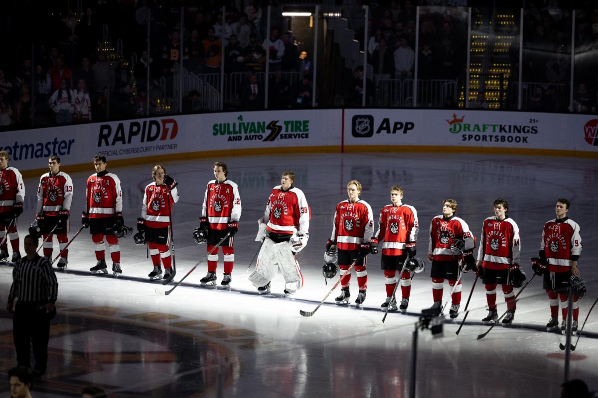 Northeastern men's hockey lines up for the national anthem at TD Garden Feb. 2, 2025. The Huskies lost 8-2 to Boston College in the Beanpot semifinals last year.