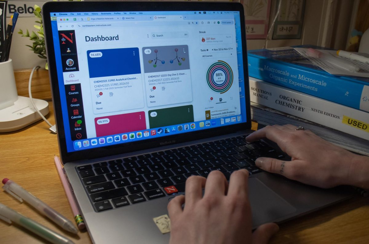 A student navigates Canvas dashboard Nov. 13, 2025. According to Northeastern Fall 2024 data, 93% of the graduating class that year participated in a co-op.