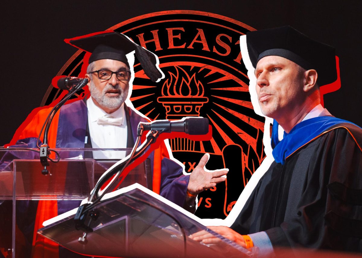 A graphic featuring Gregory Abowd (left) and David De Cremer speaking at the Class of 2029 convocation Sept. 2, 2025. Both resignations were announced to faculty via email. Photos by Curtis DeSmith. Graphic by Margot Murphy.