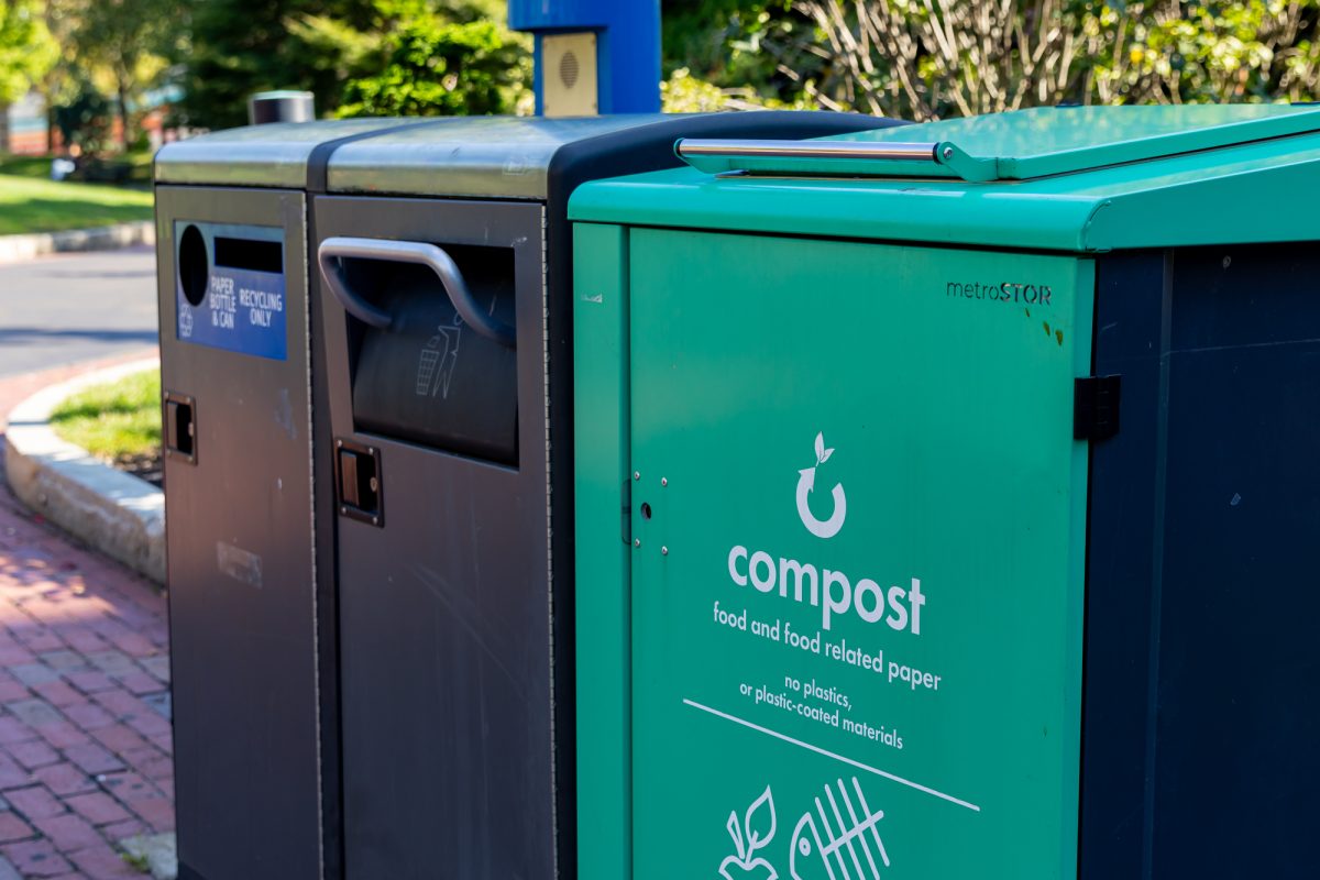 Trash cans and compost bins sit near Centennial Common Sept. 28, 2025. CANU dedicated itself to raising composting and recycling awareness to the community.
