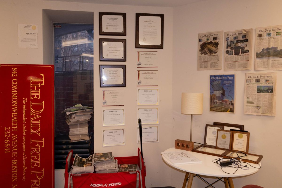 A previous version of The Daily Free Press signage sits in the office Jan. 20. Wooden desks and banners decorated the office space.