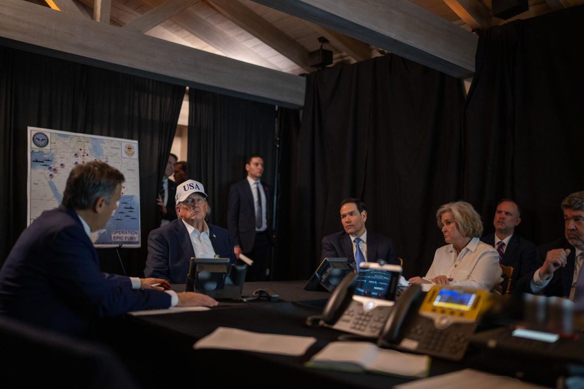 Donald Trump oversees Operation Epic Fury at Mar-a-Lago in Palm Beach, Florida Feb. 28. The operation caused the closure of the Strait of Hormuz, creating a major economic and energy crisis. Photo courtesy Daniel Torok, The White House,  Flickr.