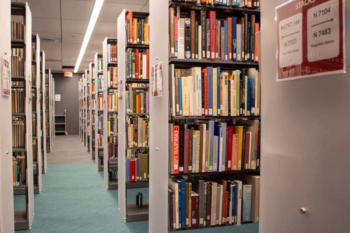 Rows of Snell Library bookshelves found on the first floor Sept. 18, 2025. Northeastern originally began removing books in 2020 to reduce the spread of COVID-19.