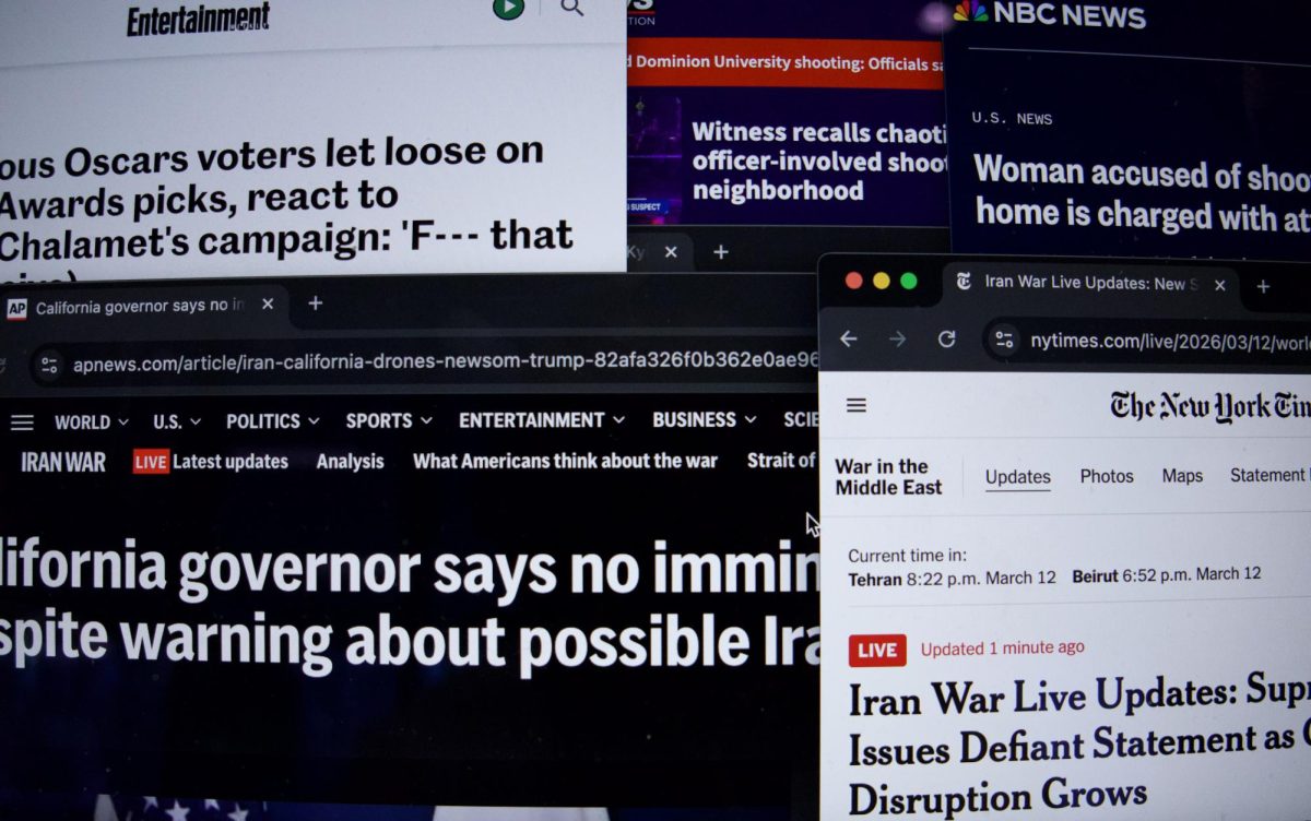 Various tabs of news outlets share breaking news on a laptop. Breaking news, also called "developing news," keep readers informed about the world's most recent events, according to Cambridge Dictionary. Screenshots courtesy NBC, The New York Times, Entertainment Weekly, AP News and CBS Boston. Graphic by Niaz Alasti.