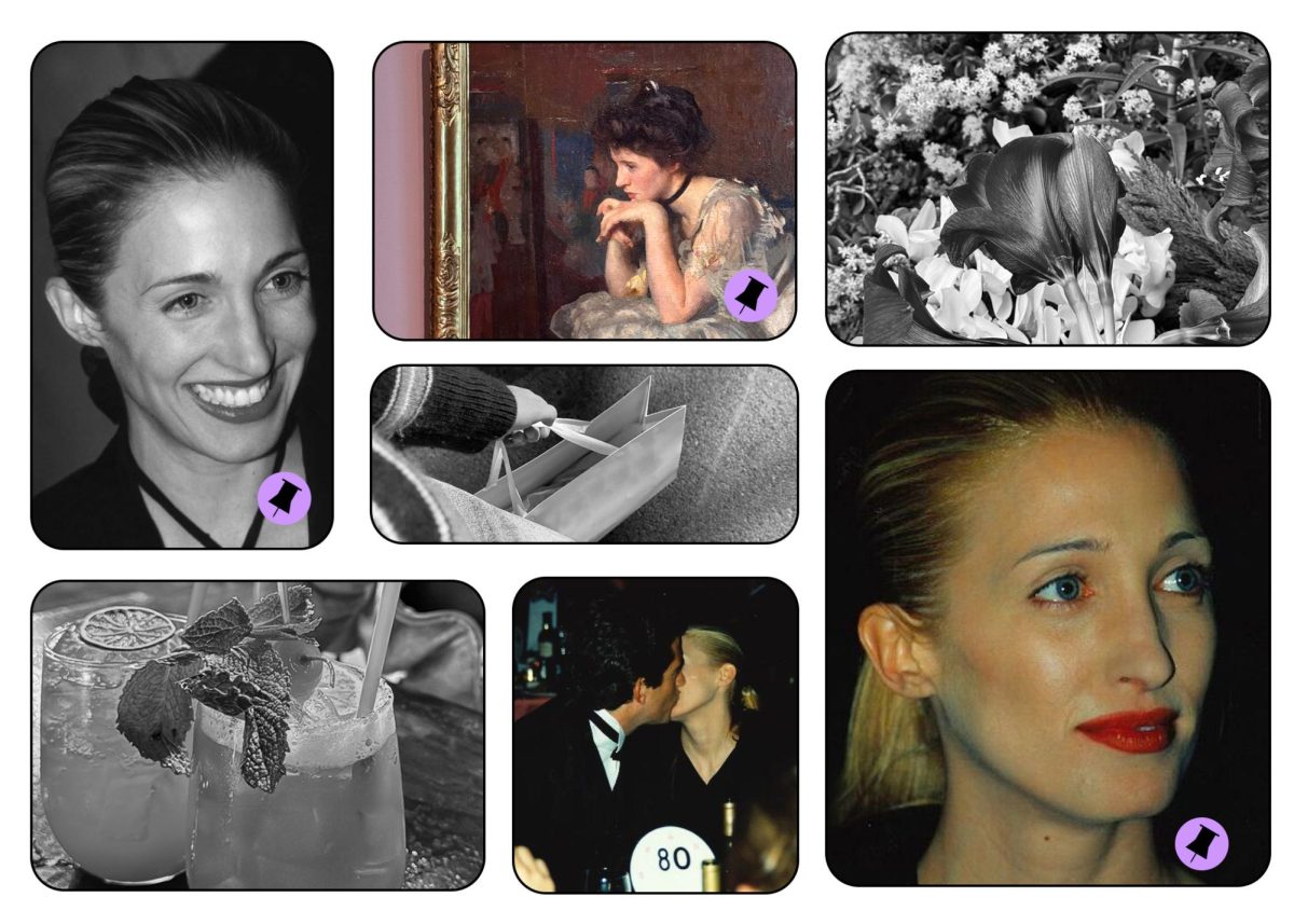 A graphic mimicking a Pinterest board featuring aesthetic photos and Carolyn Bessette Kennedy. Pinterest gained popularity for its efficient search engine for dream-board envisioning. Photos courtesy John Mathew Smith & www.celebrity-photos.com, Wikimedia Commons. Photos by Margot Murphy. Graphic by Margot Murphy.