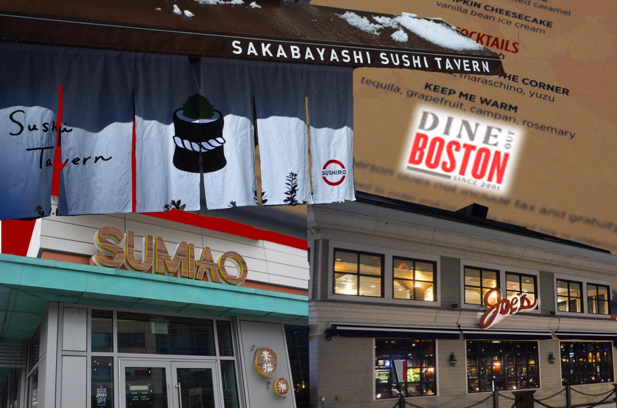 A collage featuring Sakabayashi Sushi Tavern (top left), Sumiao Hunan Kitchen (bottom left),  Joe’s Waterfront (bottom right) and a menu with the Dine Out Boston logo. Boston’s Restaurant Week returned Feb. 22 under the new name, Dine Out Boston. Photos by Ashley Pappas. Graphic by Ashley Pappas. 