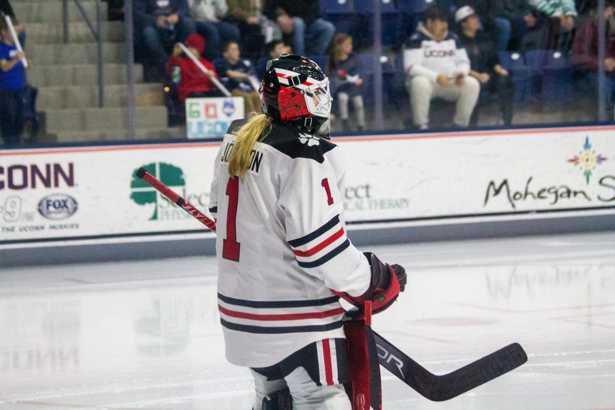 Jönsson stands in net March 7. Despite falling in the Hockey East championship, the Huskies came back with the win over Minnesota March 14.