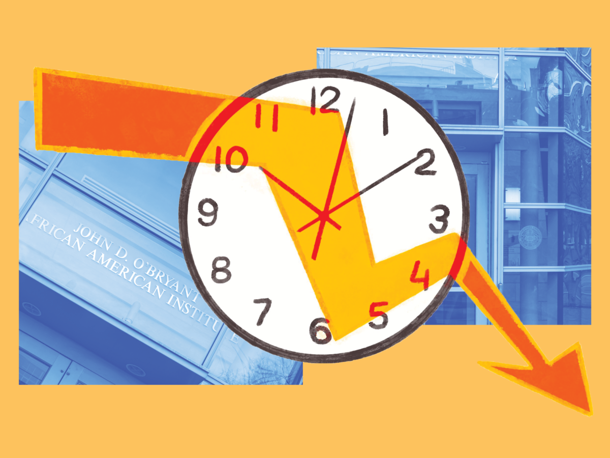 A graphic featuring a clock design accompanied by photo of the John D. O'Bryant African-American Institute Dec. 3, 2025. Students expressed frustration about limited access to the Institute. Photos by Margot Murphy. Graphic by Catherine Gore.