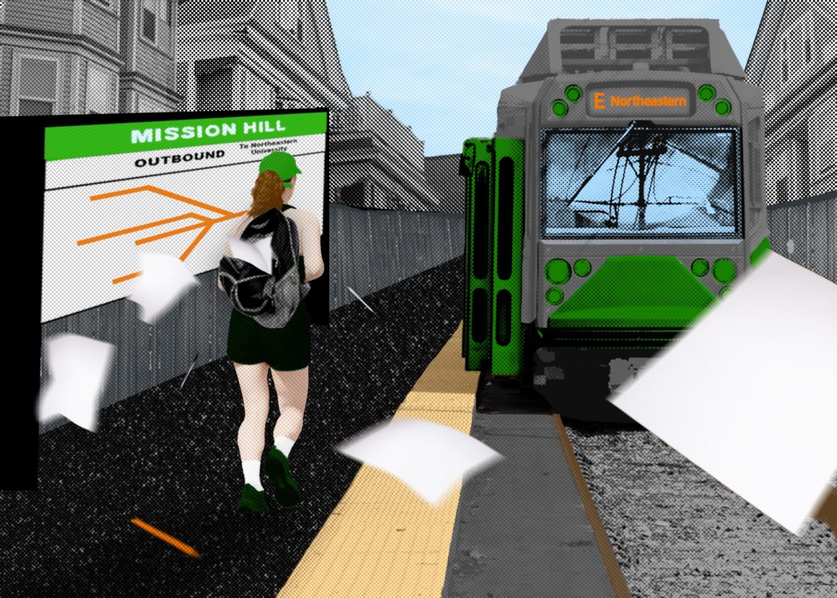A graphic featuring a student running to a soon-departing green line train from a Mission Hill station. Nearly 163,000 students enrolled in a Boston-area undergraduate program, leading to a student housing crisis. Photo courtesy FASTILY, Wikimedia Commons. Photos by Margot Murphy. Graphic by Margot Murphy.