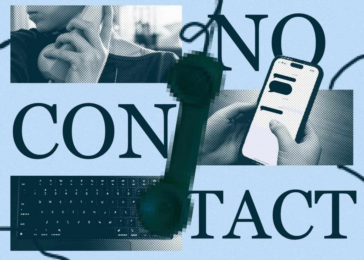A graphic depicting a person attempting to contact their ex-partner and a pixelated phone. According to The Attachment Project, researched showed going no contact is the easiest first step following a breakup. Photos by Margot Murphy. Graphic by Margot Murphy.
