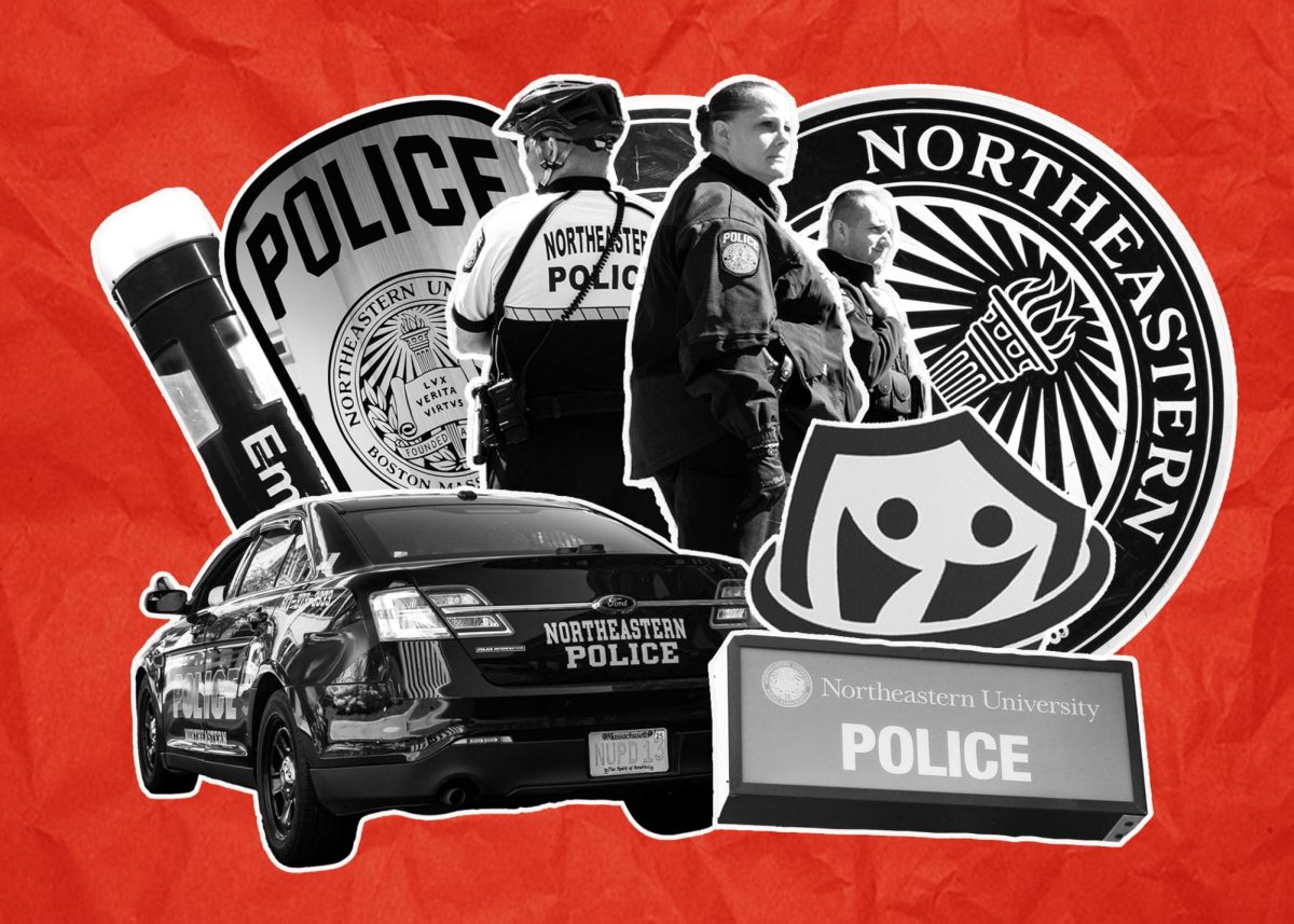 A collage featuring the Northeastern Police Department vehicles, signage and personnel, university logos and a blue light phone. Northeastern's Boston campus hosts over 100 blue light emergency phones. Photos by Will Holloway, Emily Rodriguez and Margot Murphy. Graphic by Margot Murphy.