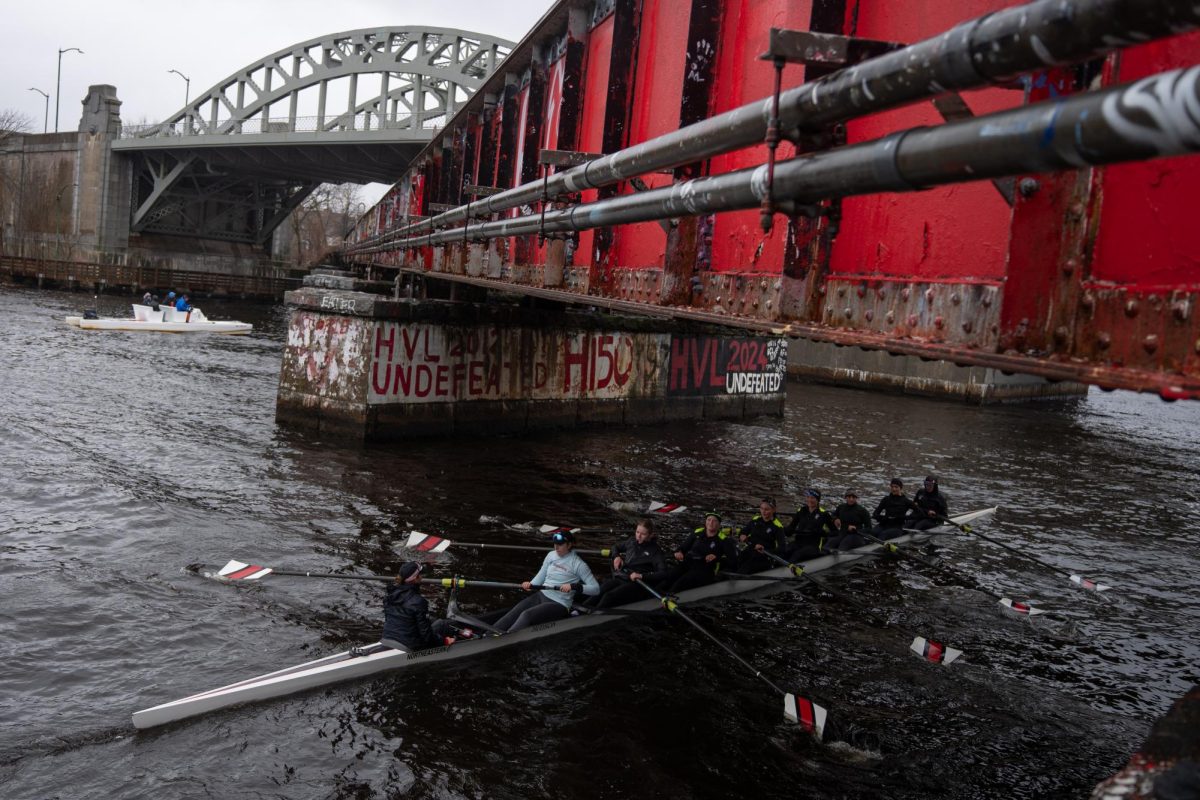 Northeastern women's crew rows on the Charles River against Boston University and Columbia April 12, 2025. Northeastern fell to Dartmouth April 18 in all but one of the races. Fill photo by Asher Ben-Dashan. 