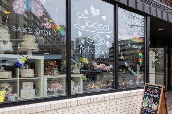 The storefront of Oakleaf Cakes Bake Shop on Westland Ave April 25. The bakery, founded in 2008, is known for its custom cakes, café offerings and artist-designed baked goods.