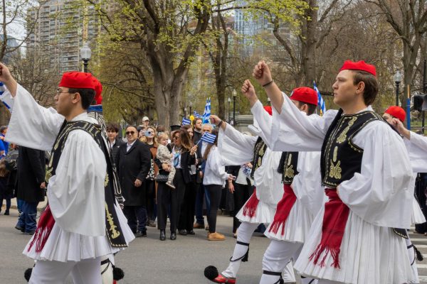Members of the Presidential Guard of Greece dawning tradition Greek farions walk past parade onlookers during the greek Independence Day parade April 26. The parade showcased traditional Greek dancing, garb and food.