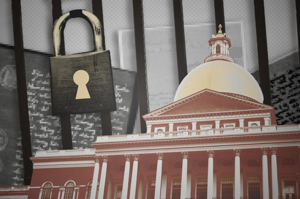 A graphic featuring the Massachusetts State House, various documents and a lock. The Clean Slate bill proposes to seal or remove eligible criminal records for those who have completed their sentences and remained crime-free for a set amount of time. Graphic by Margot Murphy. File photo by Jessica Xing. Photo courtesy Adam Campbell, Flickr.