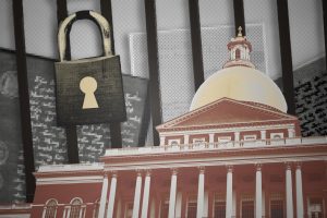 A graphic featuring the Massachusetts State House, various documents and a lock. The Clean Slate bill proposes to seal or remove eligible criminal records for those who have completed their sentences and remained crime-free for a set amount of time. Graphic by Margot Murphy. File photo by Jessica Xing. Photo courtesy Adam Campbell, Flickr.