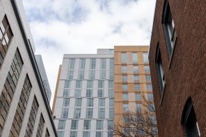 The exterior of the East Village April 1. Northeastern purchased the dormitory in hopes of creating more student housing.