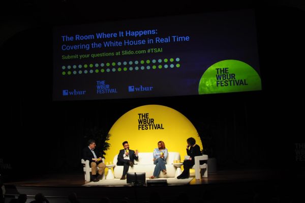 Zolan Kanno-Youngs (left center) answers a question during a panel at the WBUR festival alongside panelists Tom Nichols (left), Jasmine Wright and moderator Lisa Mullins (right). The discussed topics such as the current administration and reporting strategies.